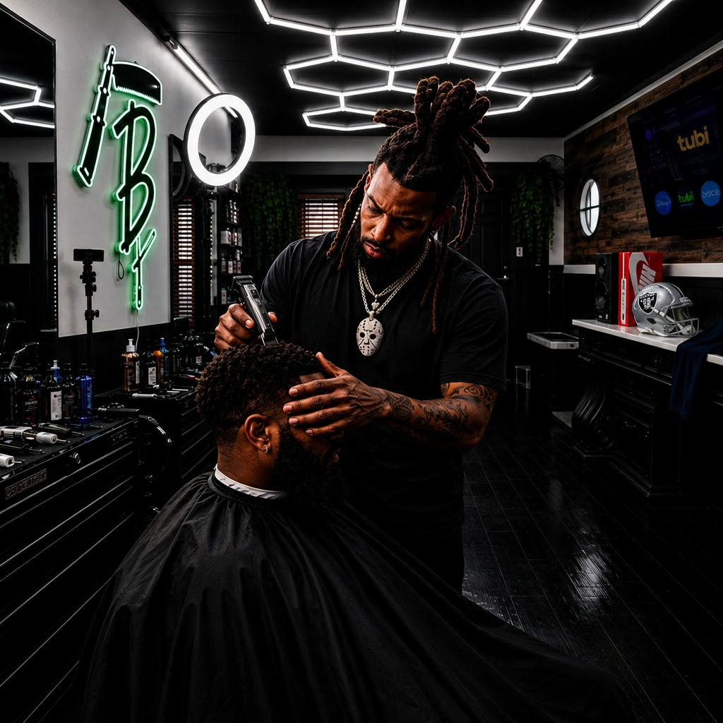 Tripp cutting a client's hair at the studio chair